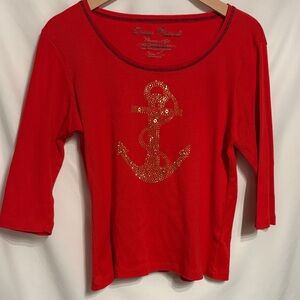 Onque Casuals Red Embellished Nautical Anchor Top